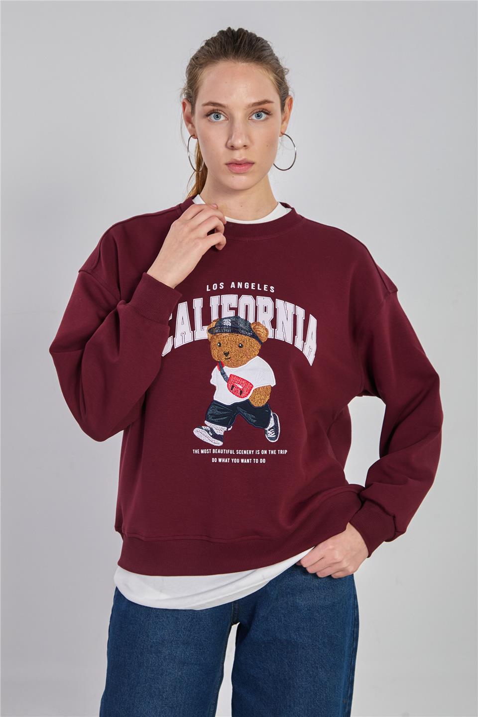 Kadın Ayı Baskılı Oversize Sweatshirt - Bordo