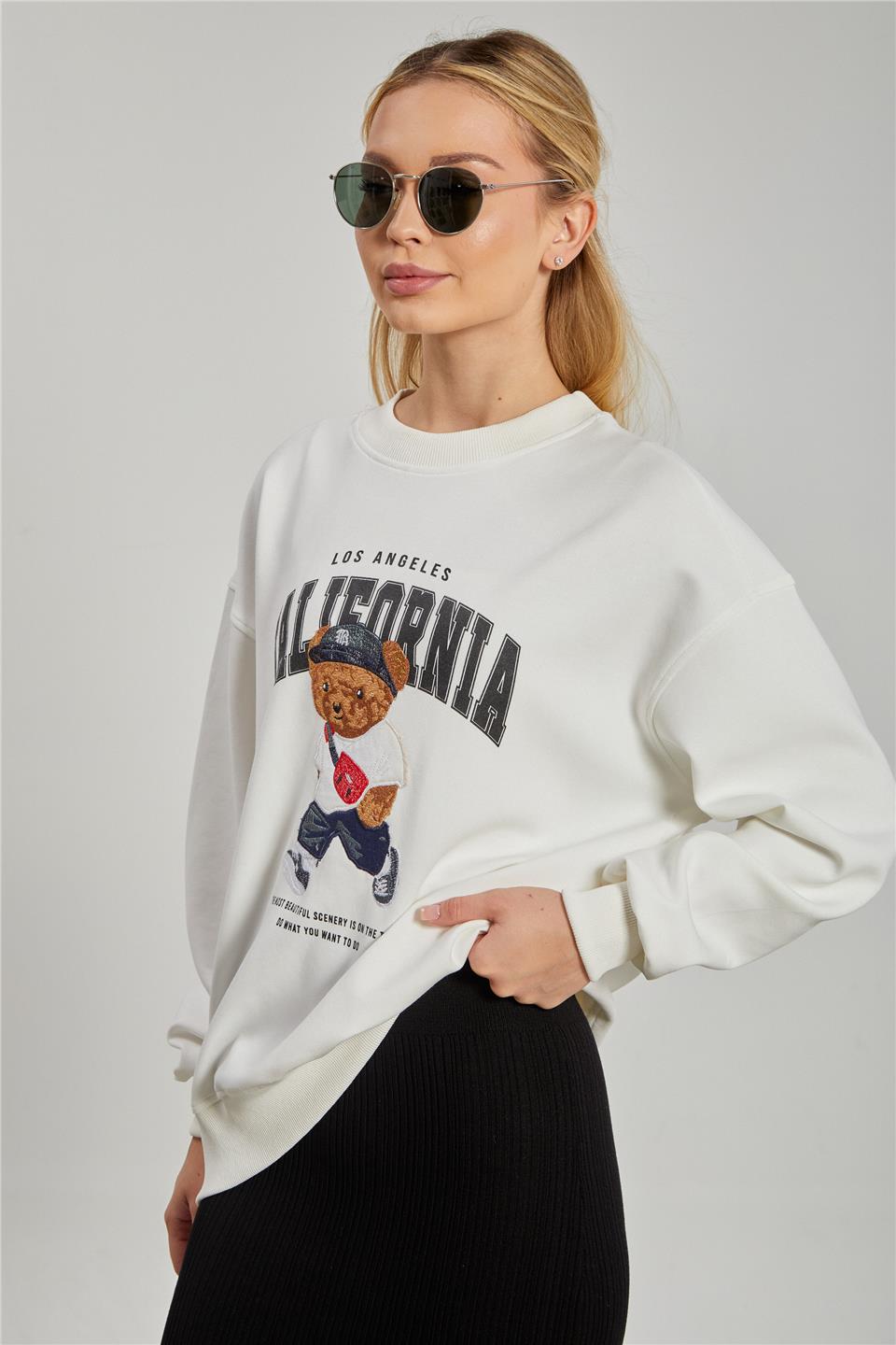 Ayı Baskılı Oversize Sweatshirt - Ekru