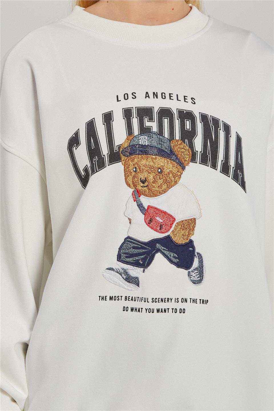 Ayı Baskılı Oversize Sweatshirt - Ekru
