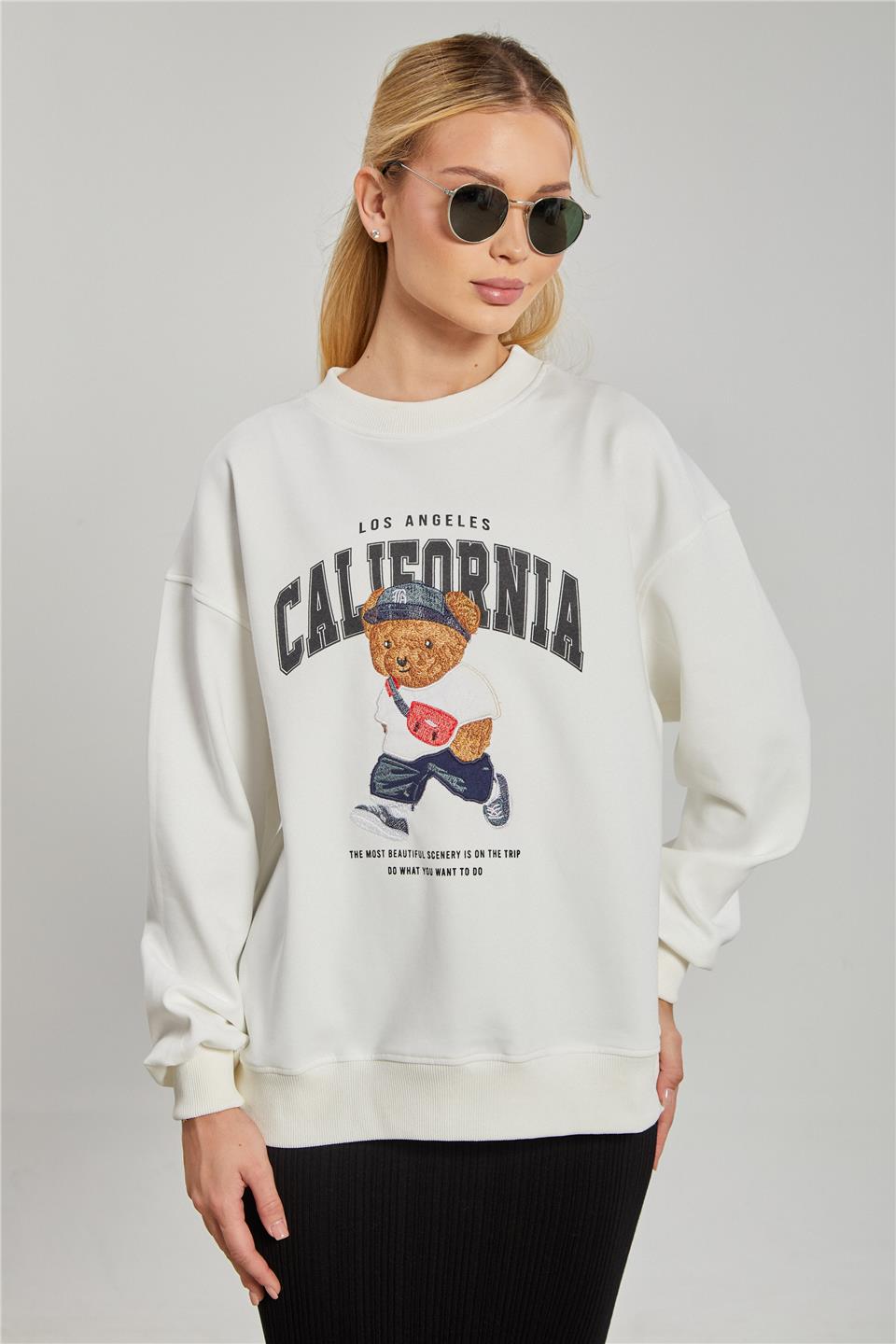 Ayı Baskılı Oversize Sweatshirt - Ekru