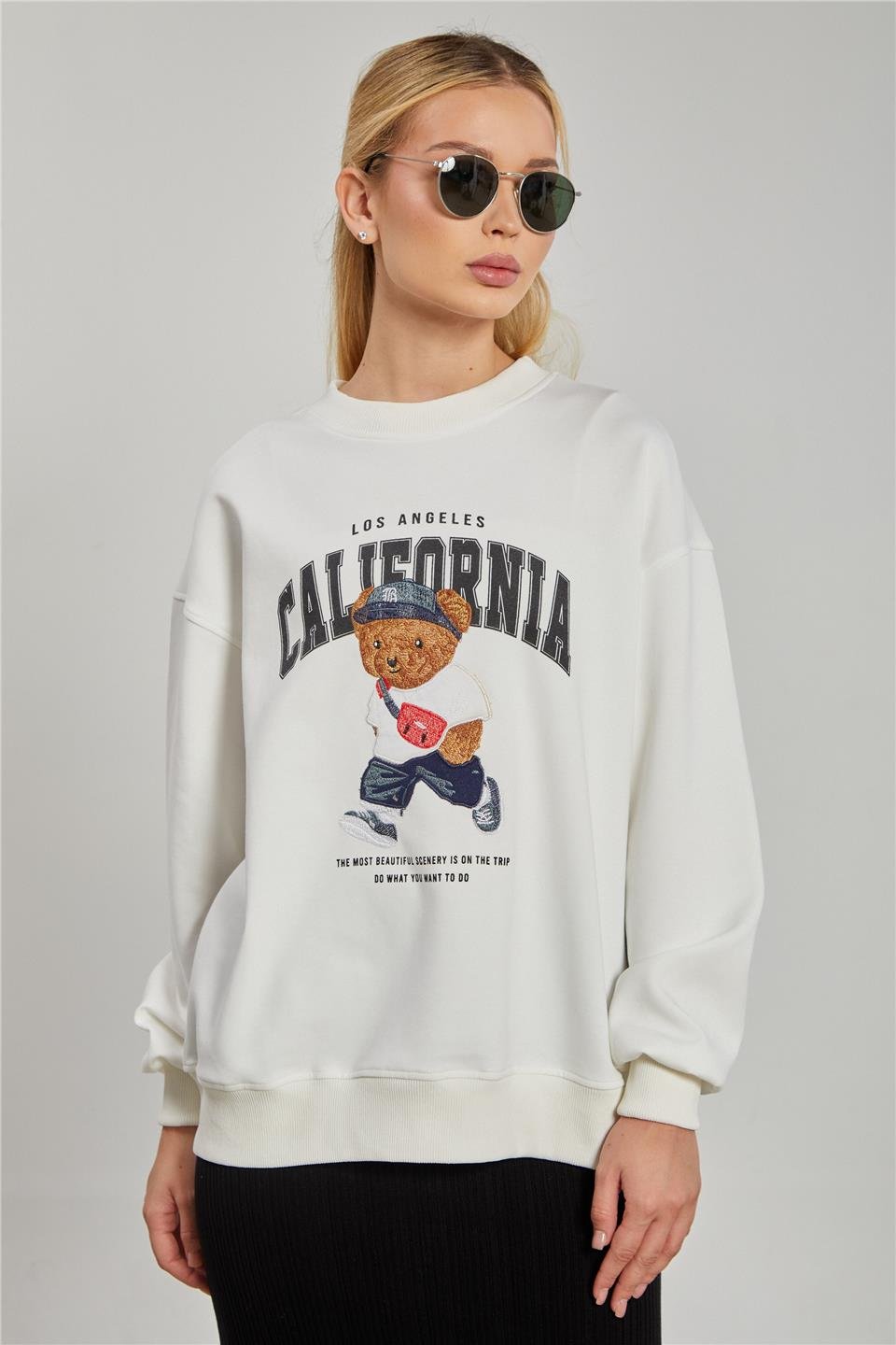 Ayı Baskılı Oversize Sweatshirt - Ekru