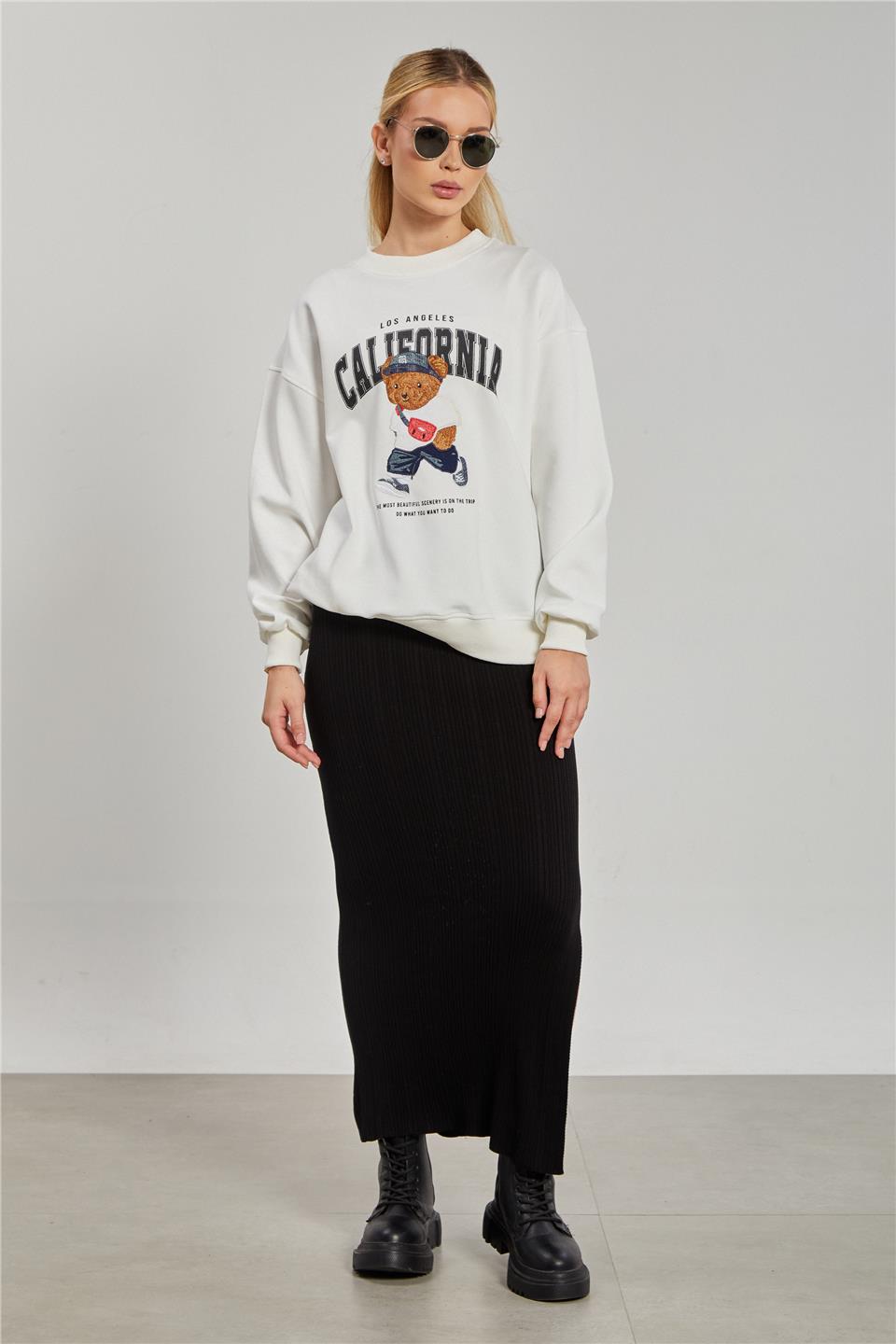 Ayı Baskılı Oversize Sweatshirt - Ekru