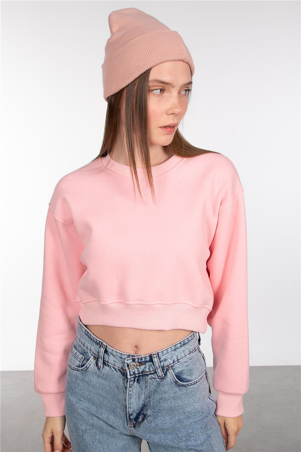 Basic Bisiklet Yaka Sweatshirt - Pembe
