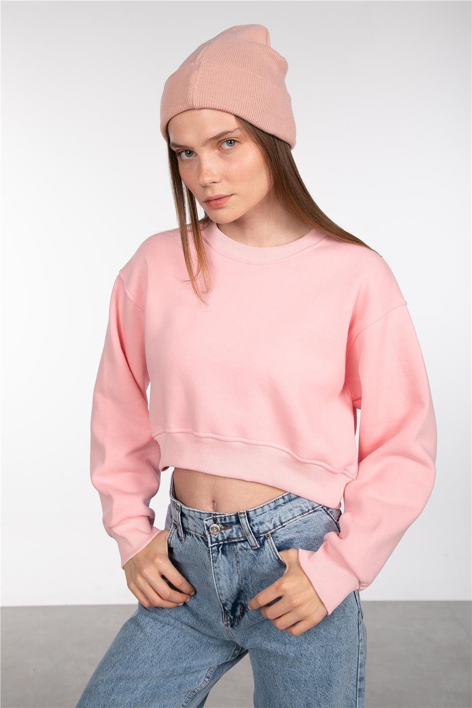 Basic Bisiklet Yaka Sweatshirt - Pembe