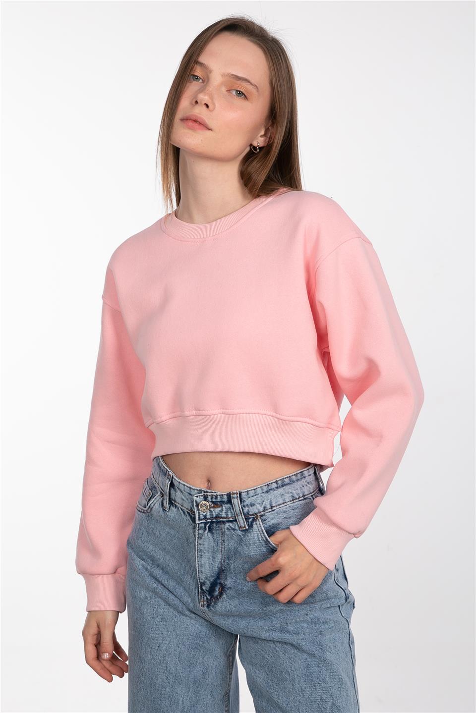 Basic Bisiklet Yaka Sweatshirt - Pembe