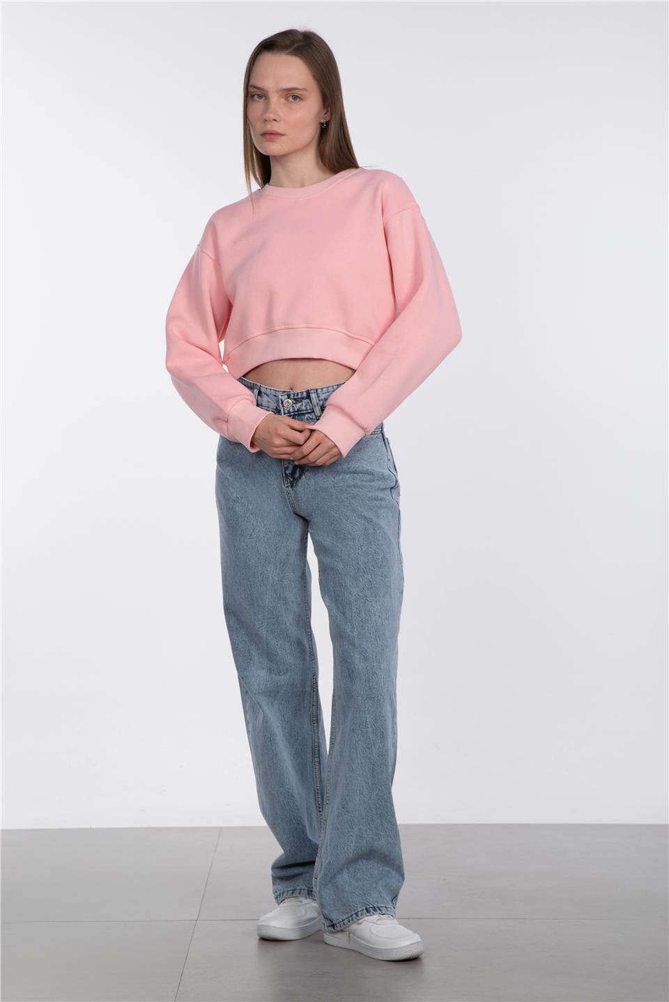 Basic Bisiklet Yaka Sweatshirt - Pembe