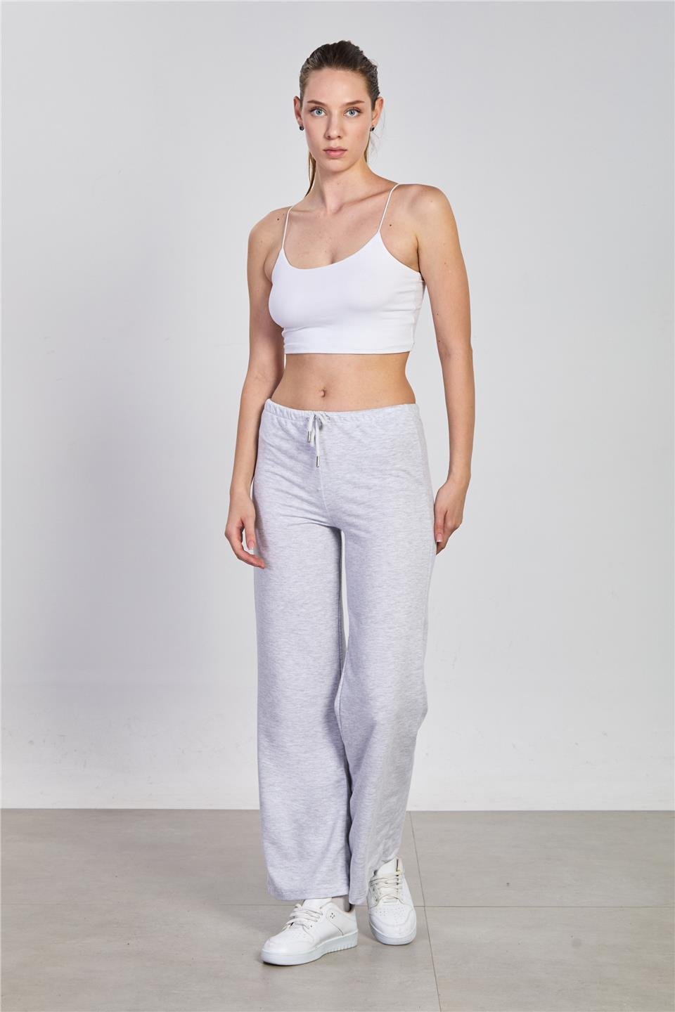 Kadın Beli Bağlamalı Bol Paça Pantolon - Kar Melanj 