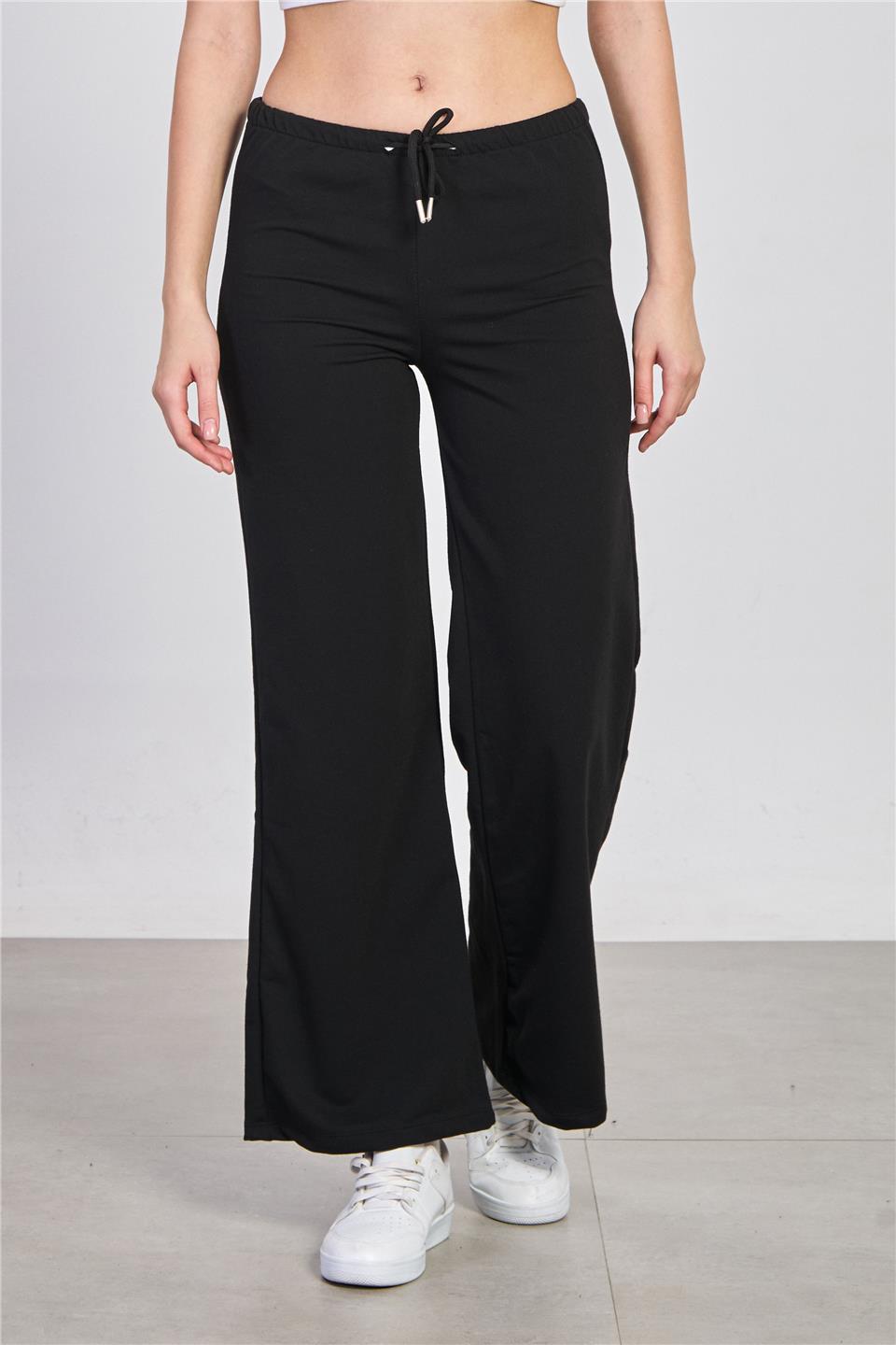 Kadın Beli Bağlamalı Bol Paça Pantolon - Siyah