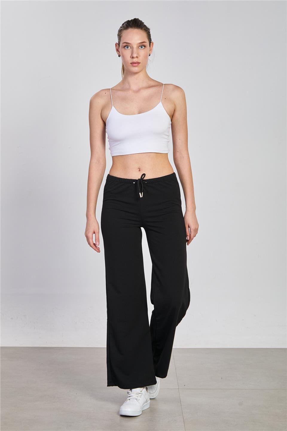 Kadın Beli Bağlamalı Bol Paça Pantolon - Siyah