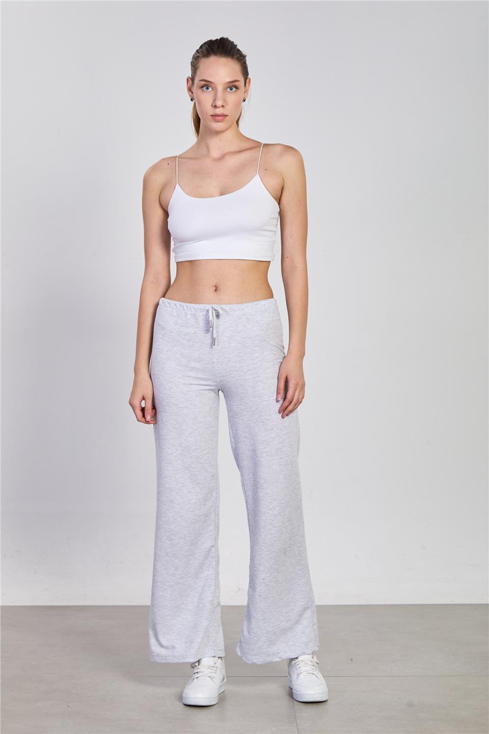 Kadın Beli Bağlamalı Bol Paça Pantolon - Kar Melanj 