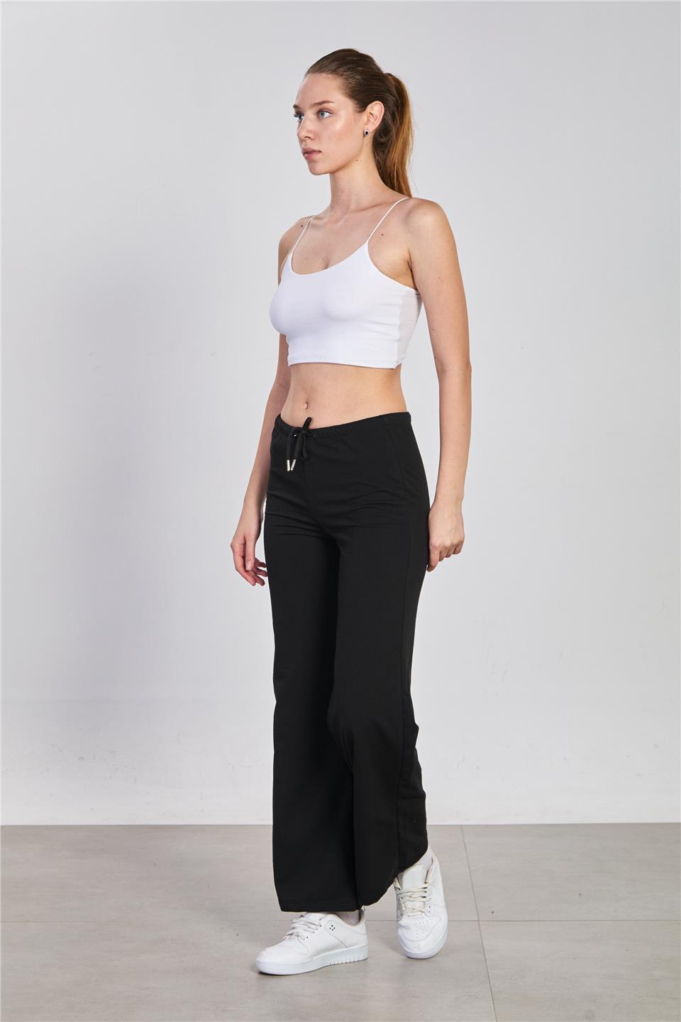 Kadın Beli Bağlamalı Bol Paça Pantolon - Siyah