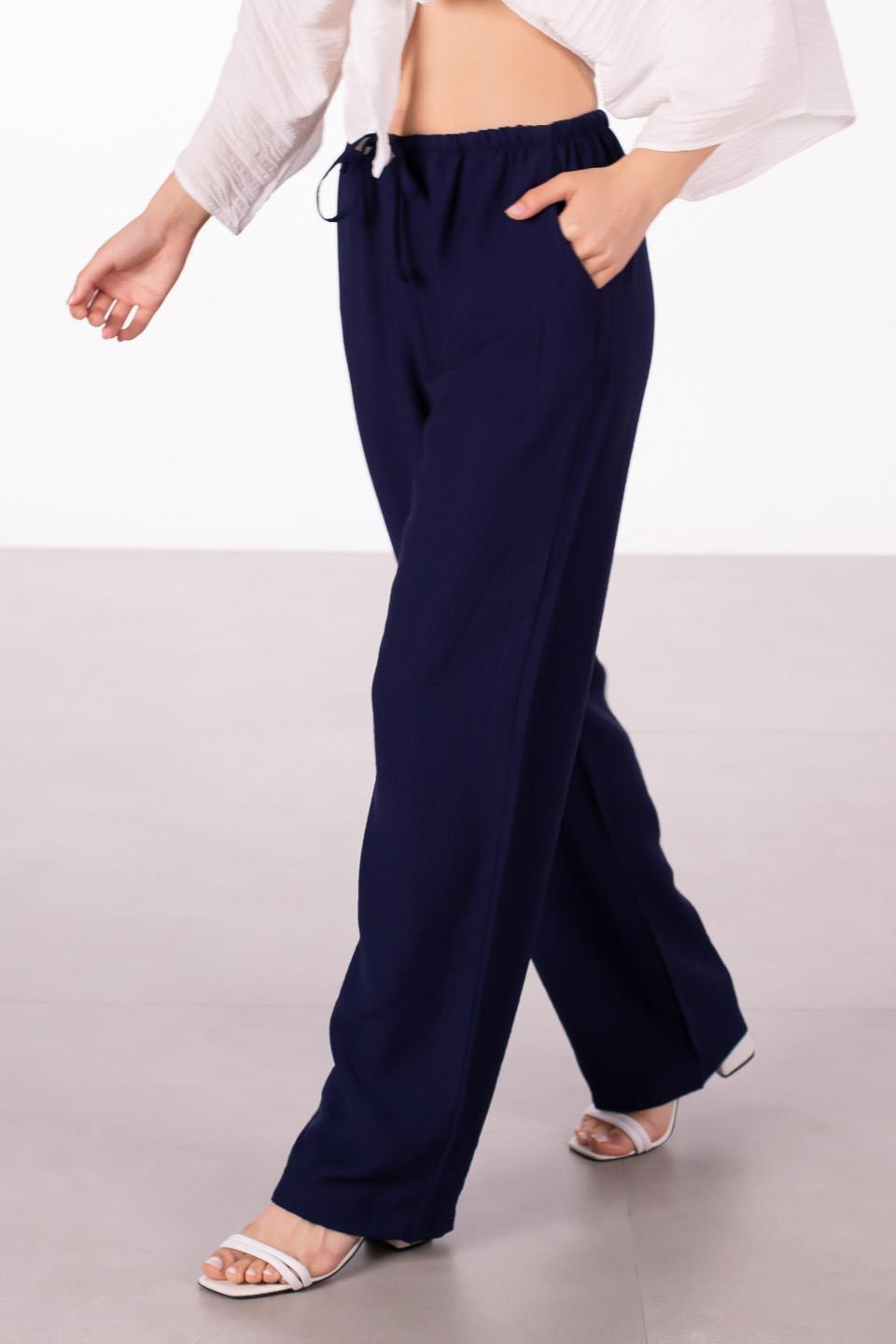 Kadın Beli Bağlamalı Keten Bol Paça Pantolon - Lacivert