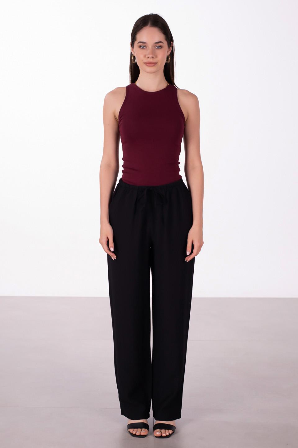 Kadın Beli Bağlamalı Keten Bol Paça Pantolon - Siyah