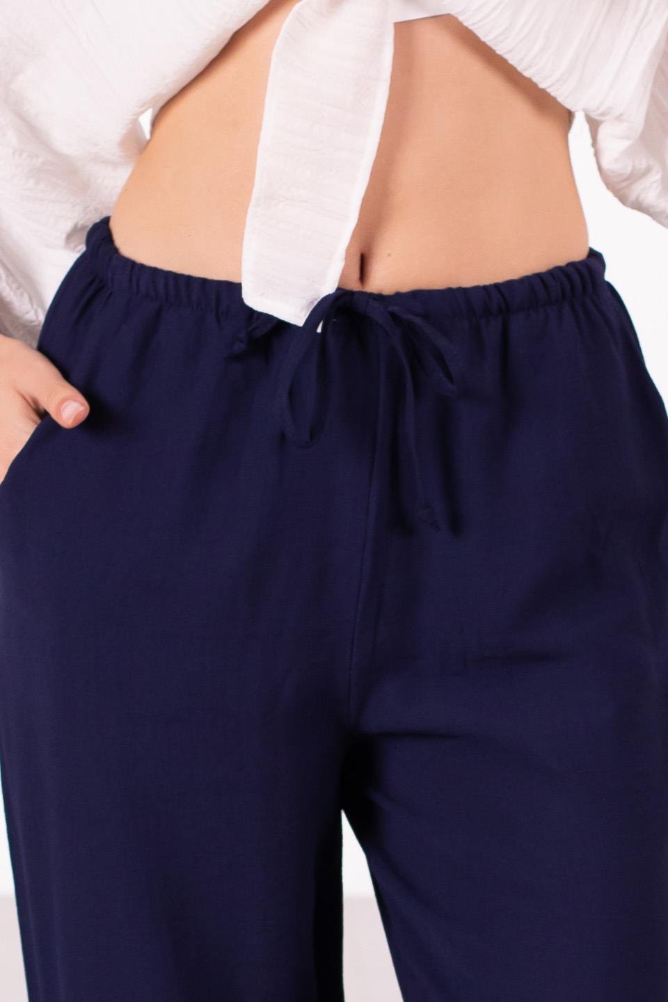 Kadın Beli Bağlamalı Keten Bol Paça Pantolon - Lacivert