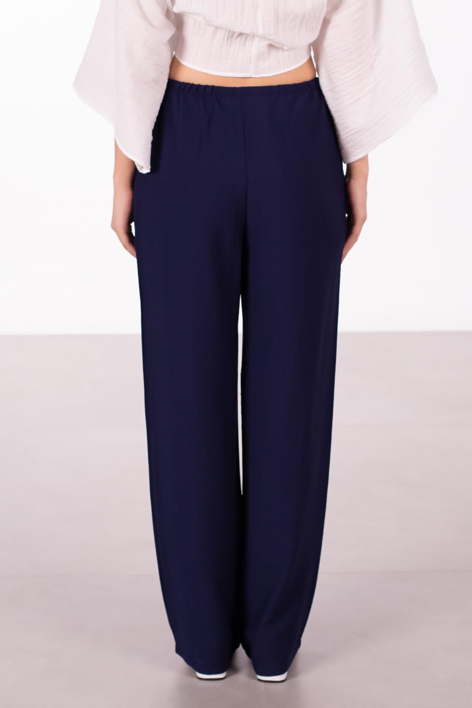 Kadın Beli Bağlamalı Keten Bol Paça Pantolon - Lacivert