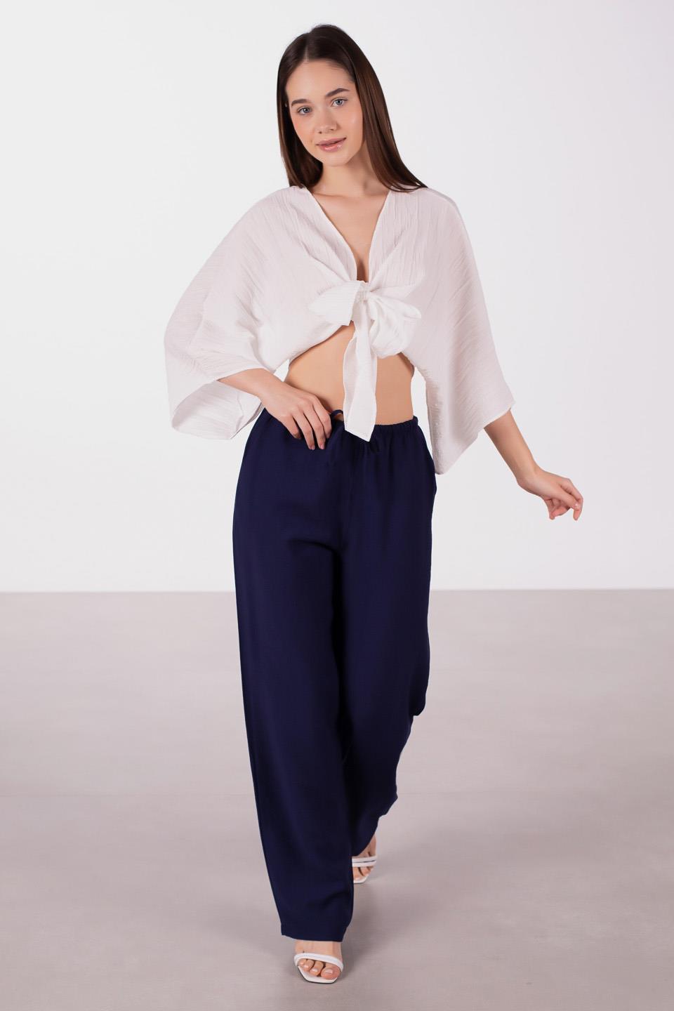 Kadın Beli Bağlamalı Keten Bol Paça Pantolon - Lacivert