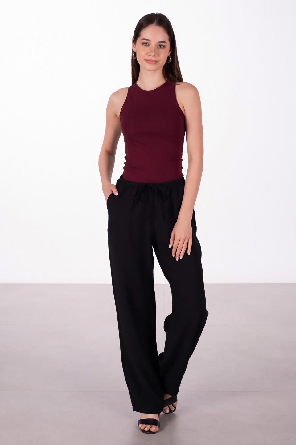 Kadın Beli Bağlamalı Keten Bol Paça Pantolon - Siyah