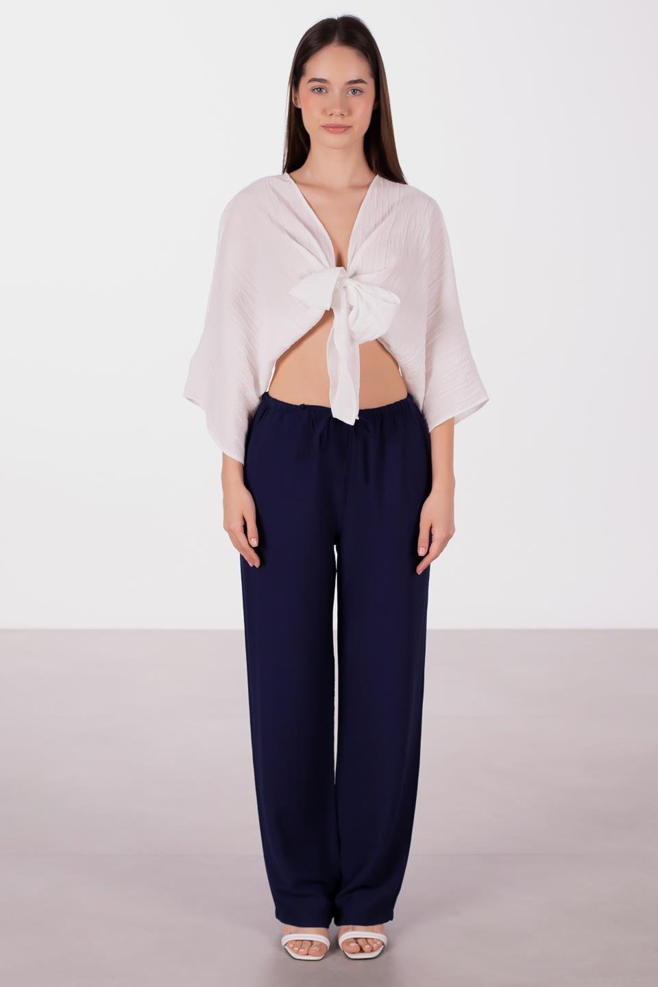 Kadın Beli Bağlamalı Keten Bol Paça Pantolon - Lacivert