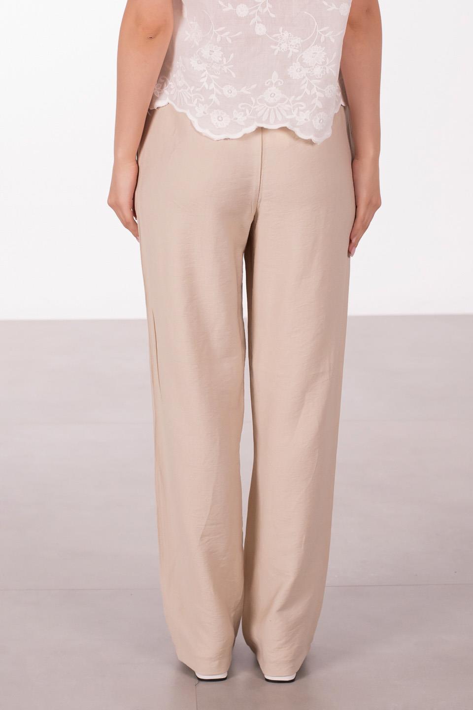 Kadın Beli Bağlamalı Keten Bol Paça Pantolon - Taş