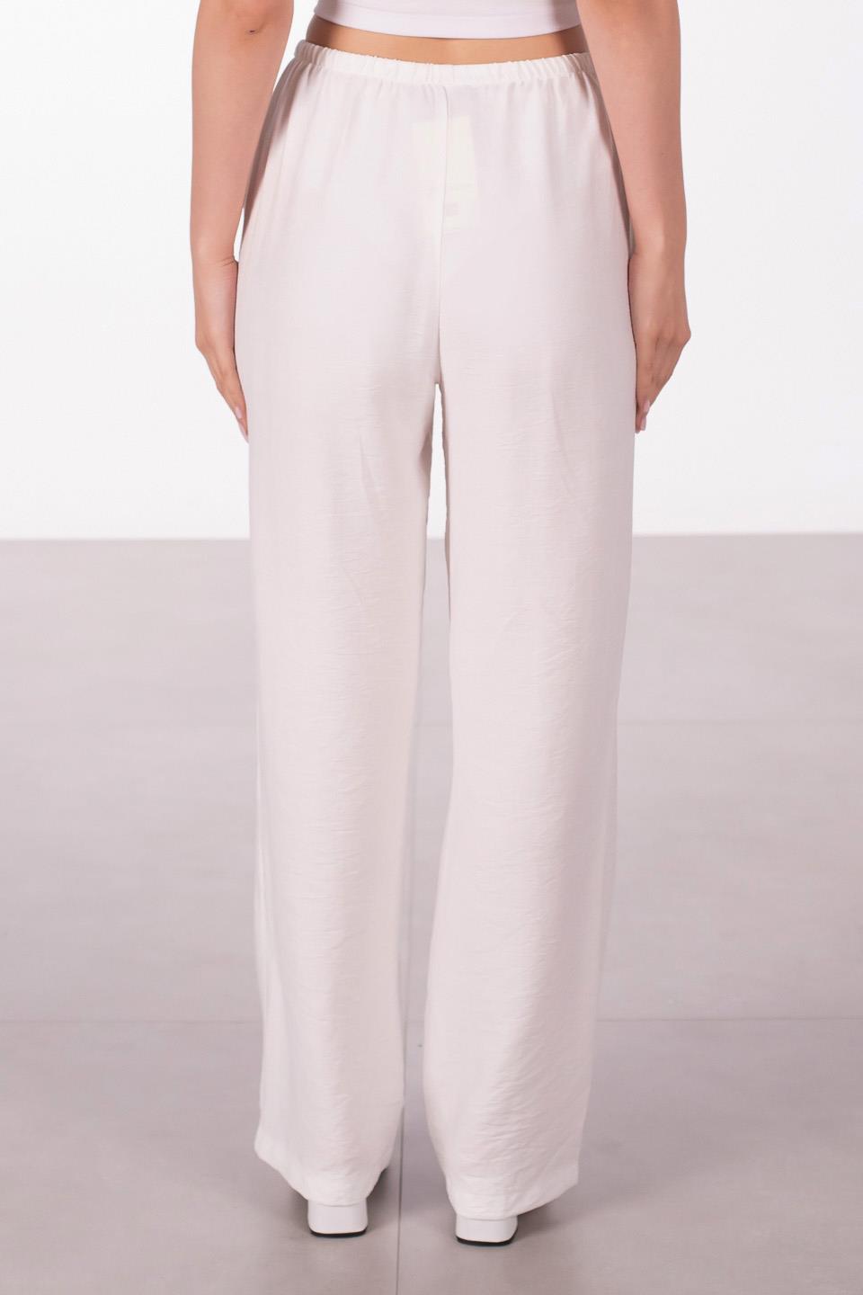 Kadın Beli Bağlamalı Keten Bol Paça Pantolon - Beyaz