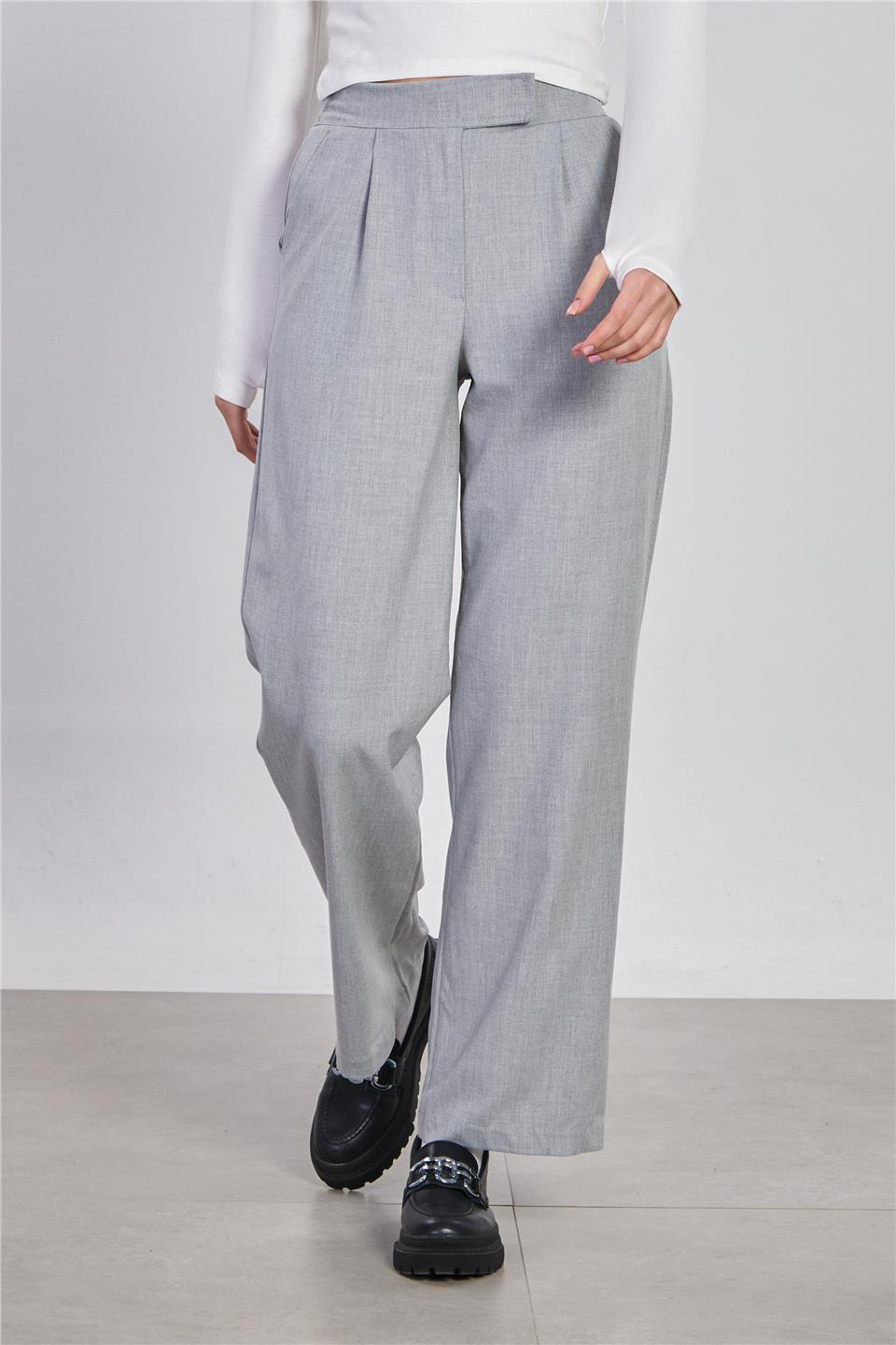 Kadın Beli Cırtlı Kumaş Pantolon - Açık Gri