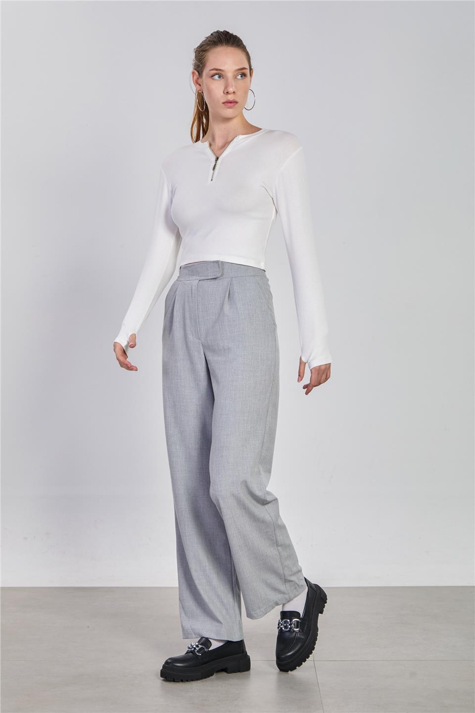 Kadın Beli Cırtlı Kumaş Pantolon - Açık Gri