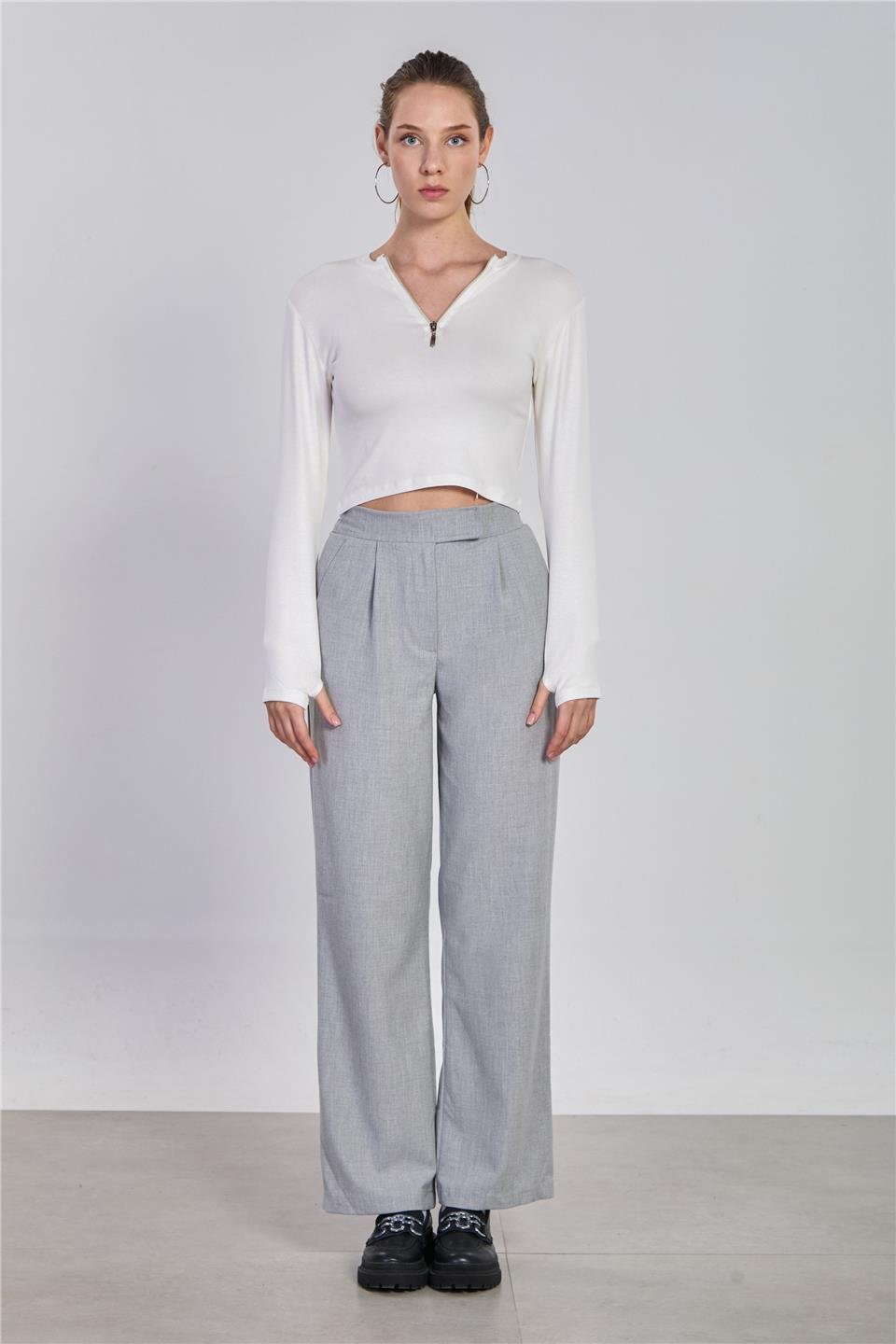 Kadın Beli Cırtlı Kumaş Pantolon - Açık Gri