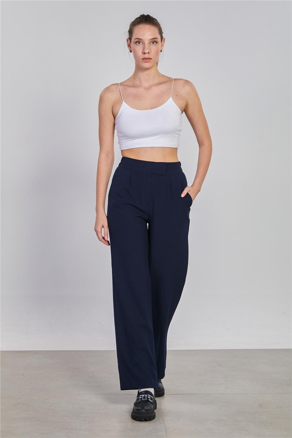 Kadın Beli Cırtlı Kumaş Pantolon - Lacivert