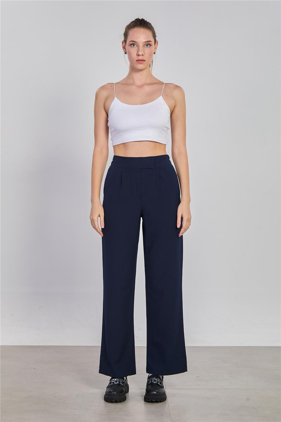 Kadın Beli Cırtlı Kumaş Pantolon - Lacivert