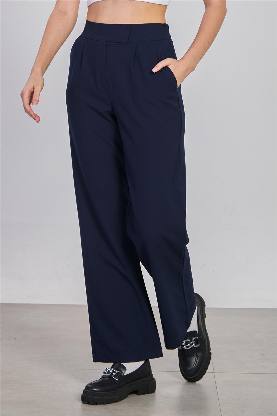 Kadın Beli Cırtlı Kumaş Pantolon - Lacivert