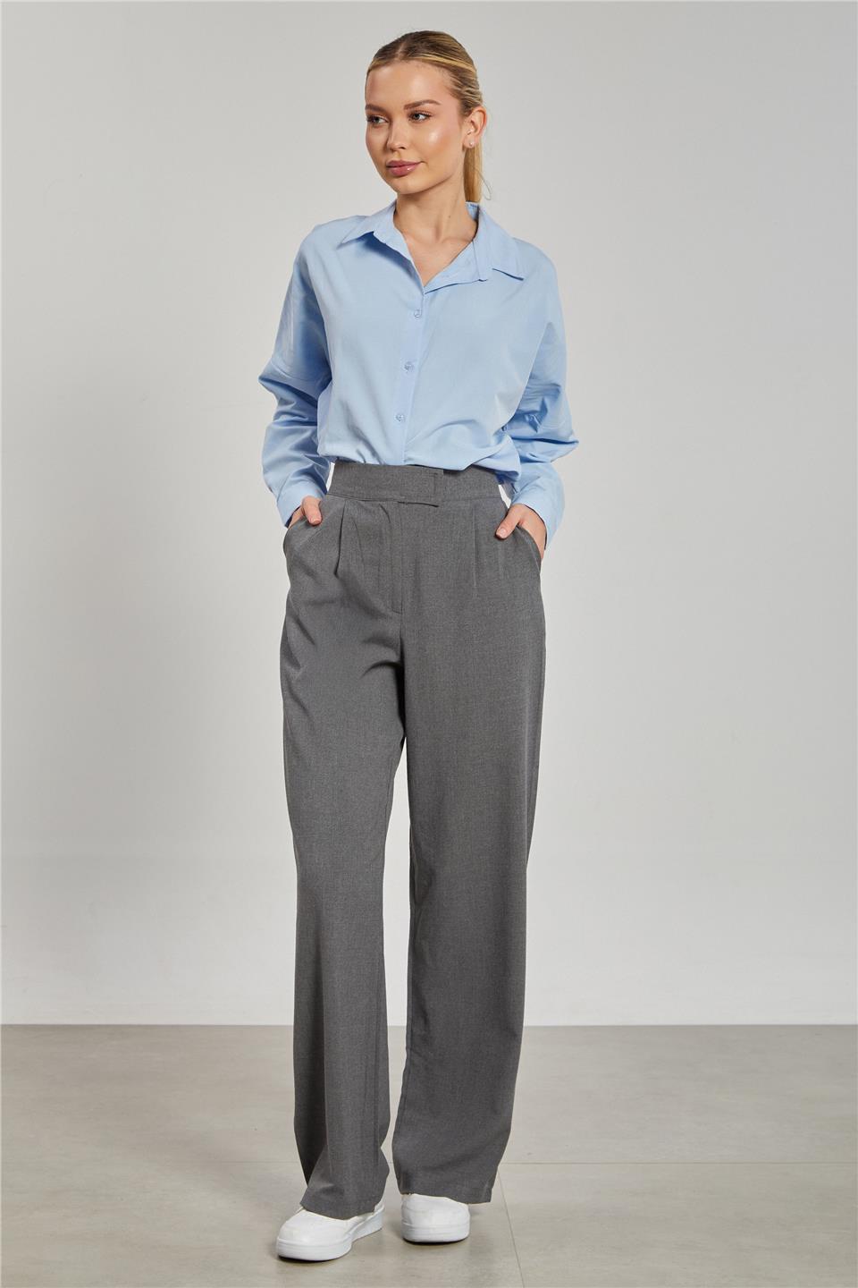 Kadın Beli Cırtlı Kumaş Pantolon - Okul Gri
