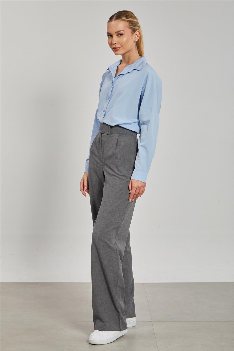 Kadın Beli Cırtlı Kumaş Pantolon - Okul Gri