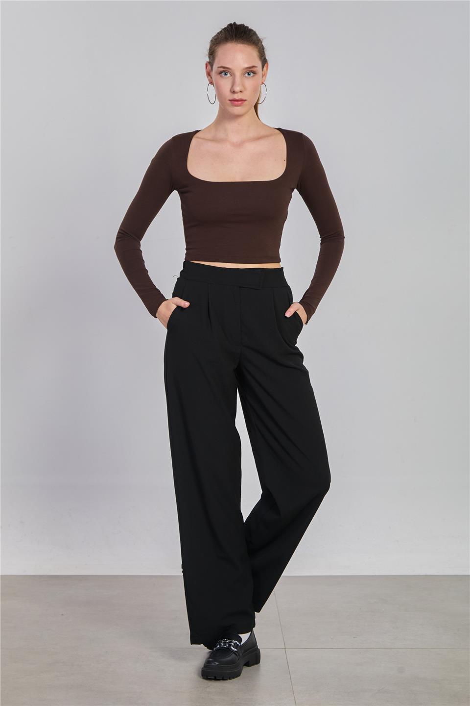 Kadın Beli Cırtlı Kumaş Pantolon - Siyah