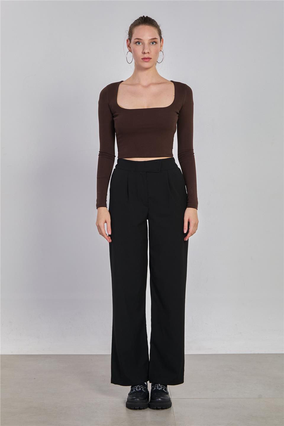 Kadın Beli Cırtlı Kumaş Pantolon - Siyah