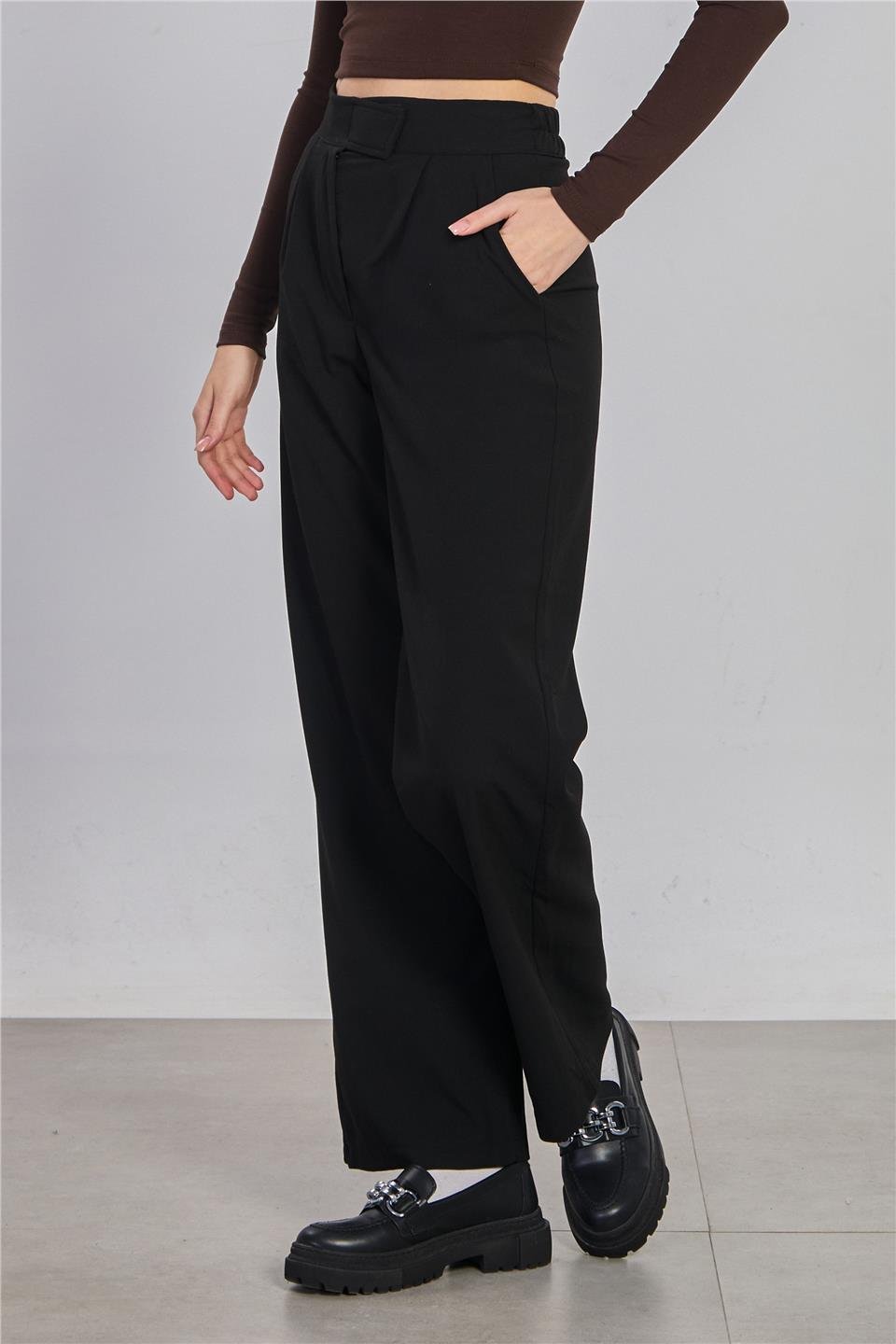 Kadın Beli Cırtlı Kumaş Pantolon - Siyah