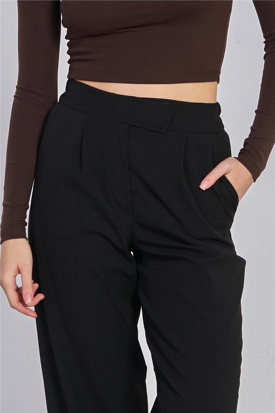 Kadın Beli Cırtlı Kumaş Pantolon - Siyah