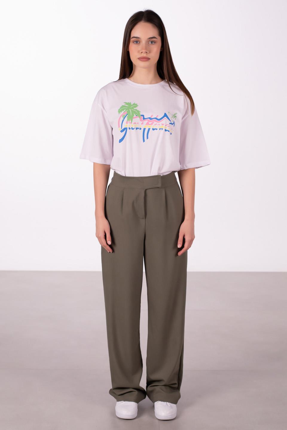 Kadın Beli Cırtlı Kumaş Pantolon - Yeşil