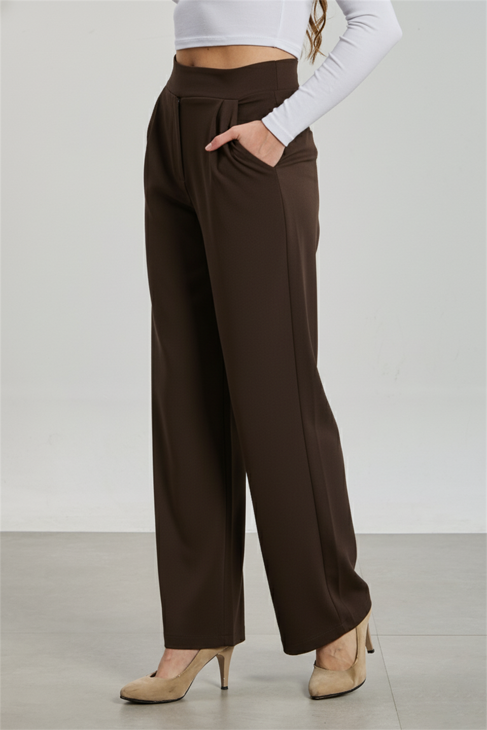 Kadın Beli Cırtlı Pantolon - Kahve