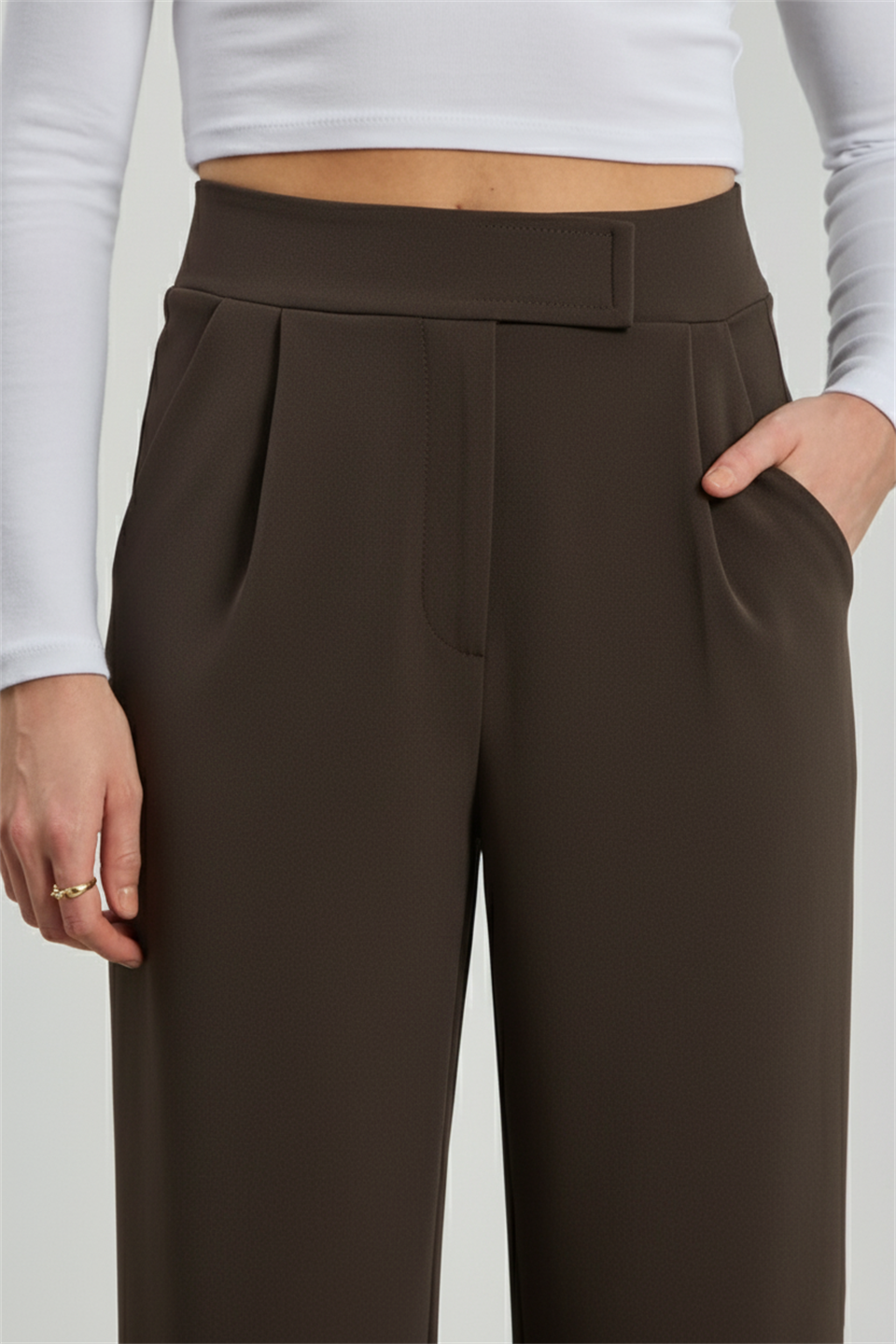 Kadın Beli Cırtlı Pantolon - Kahve