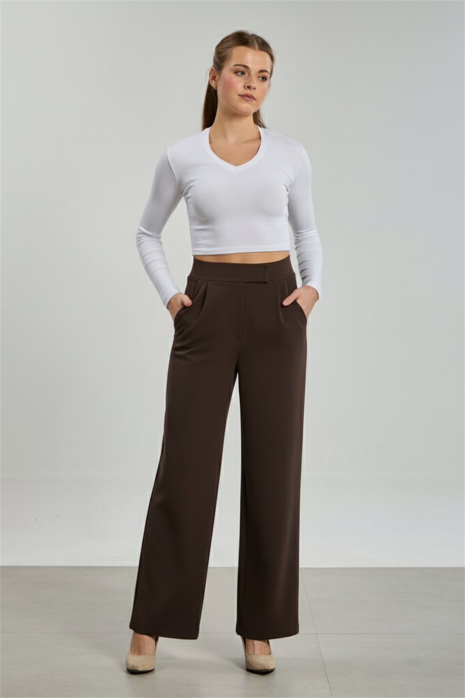 Kadın Beli Cırtlı Pantolon - Kahve