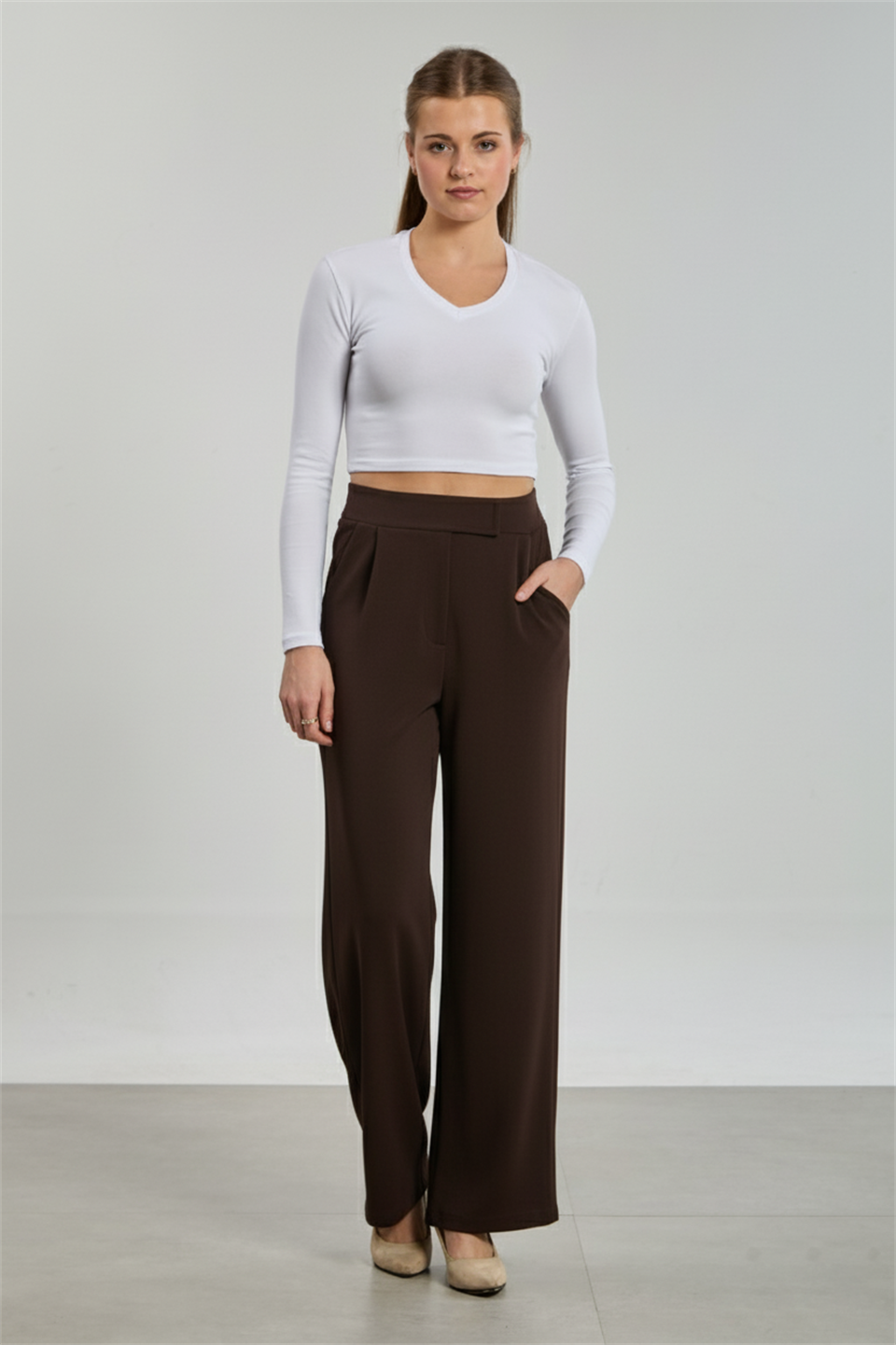 Kadın Beli Cırtlı Pantolon - Kahve