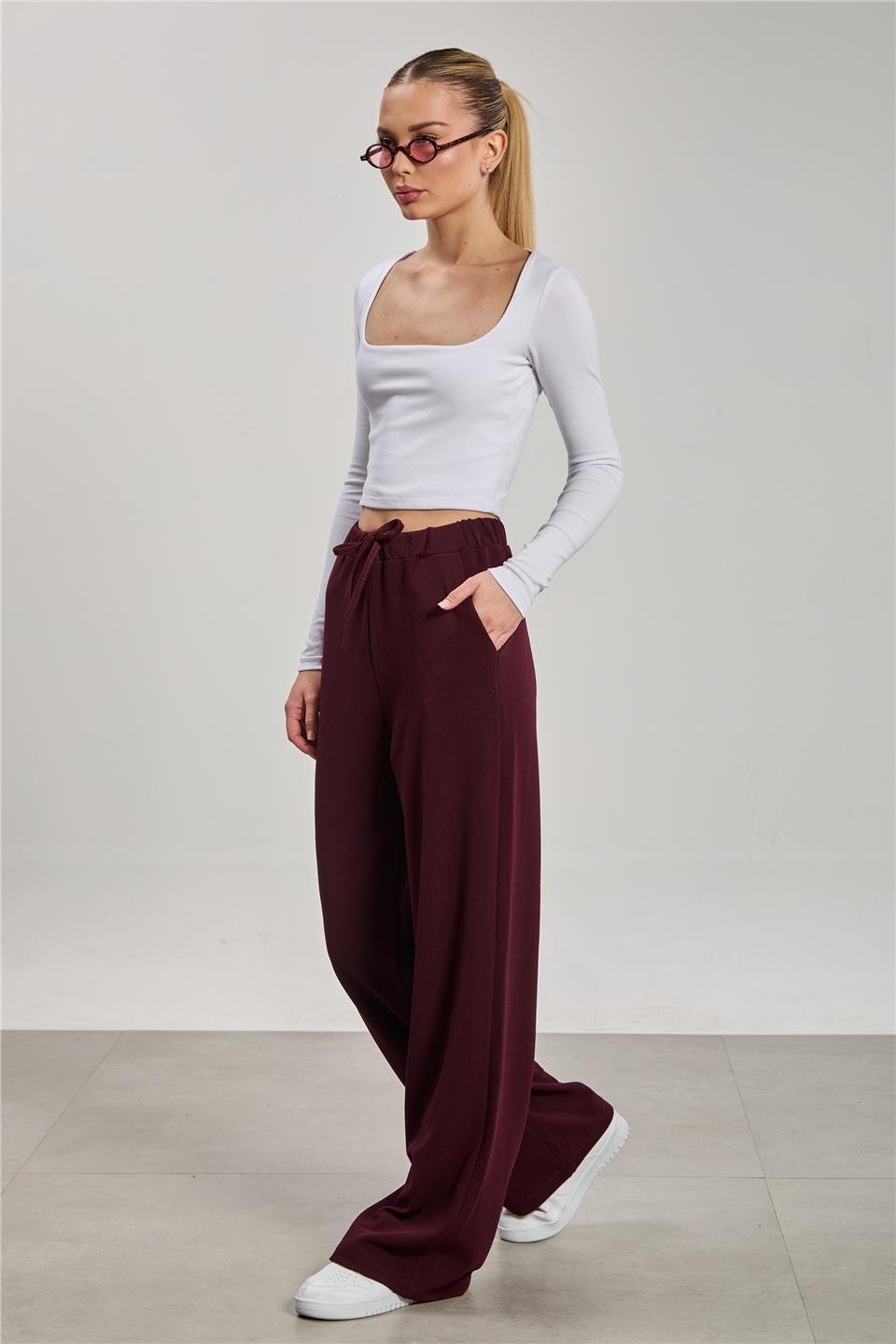 Kadın Beli İpli Bol Paça Pantolon - Bordo