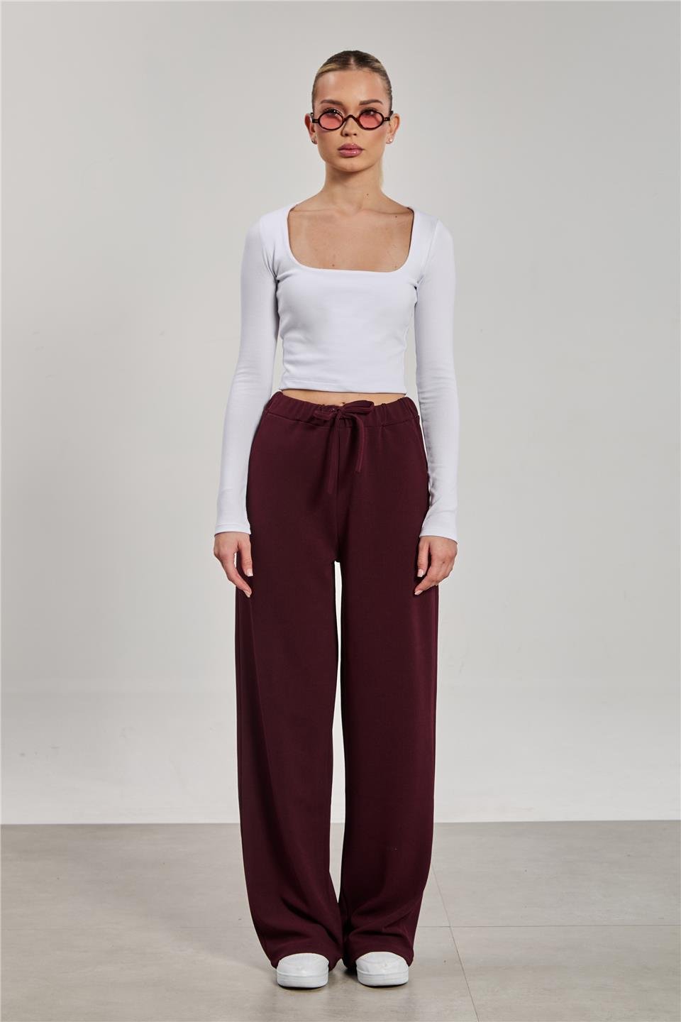 Kadın Beli İpli Bol Paça Pantolon - Bordo