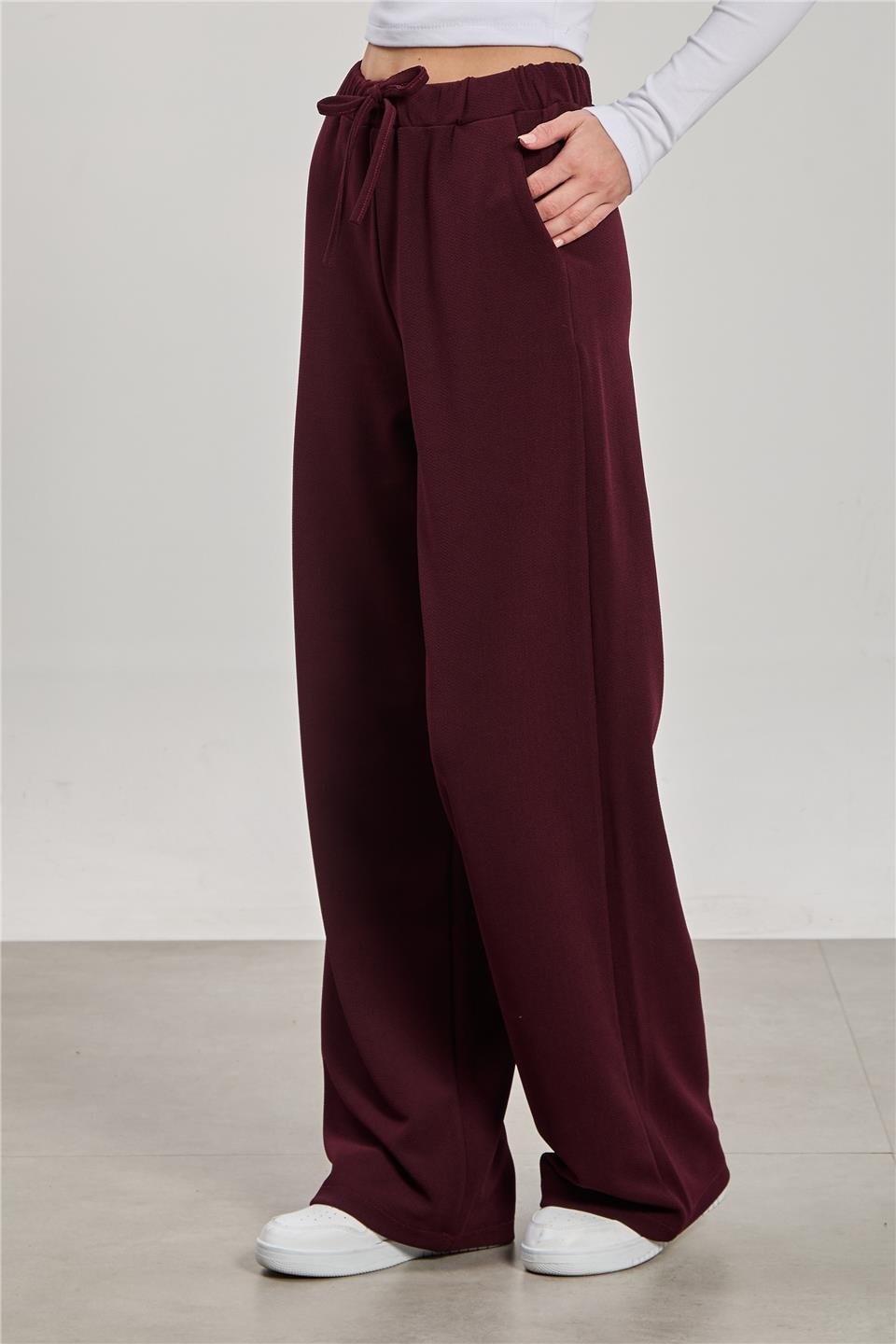 Kadın Beli İpli Bol Paça Pantolon - Bordo