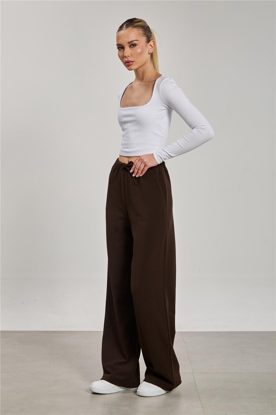 Kadın Beli İpli Bol Paça Pantolon - Kahve