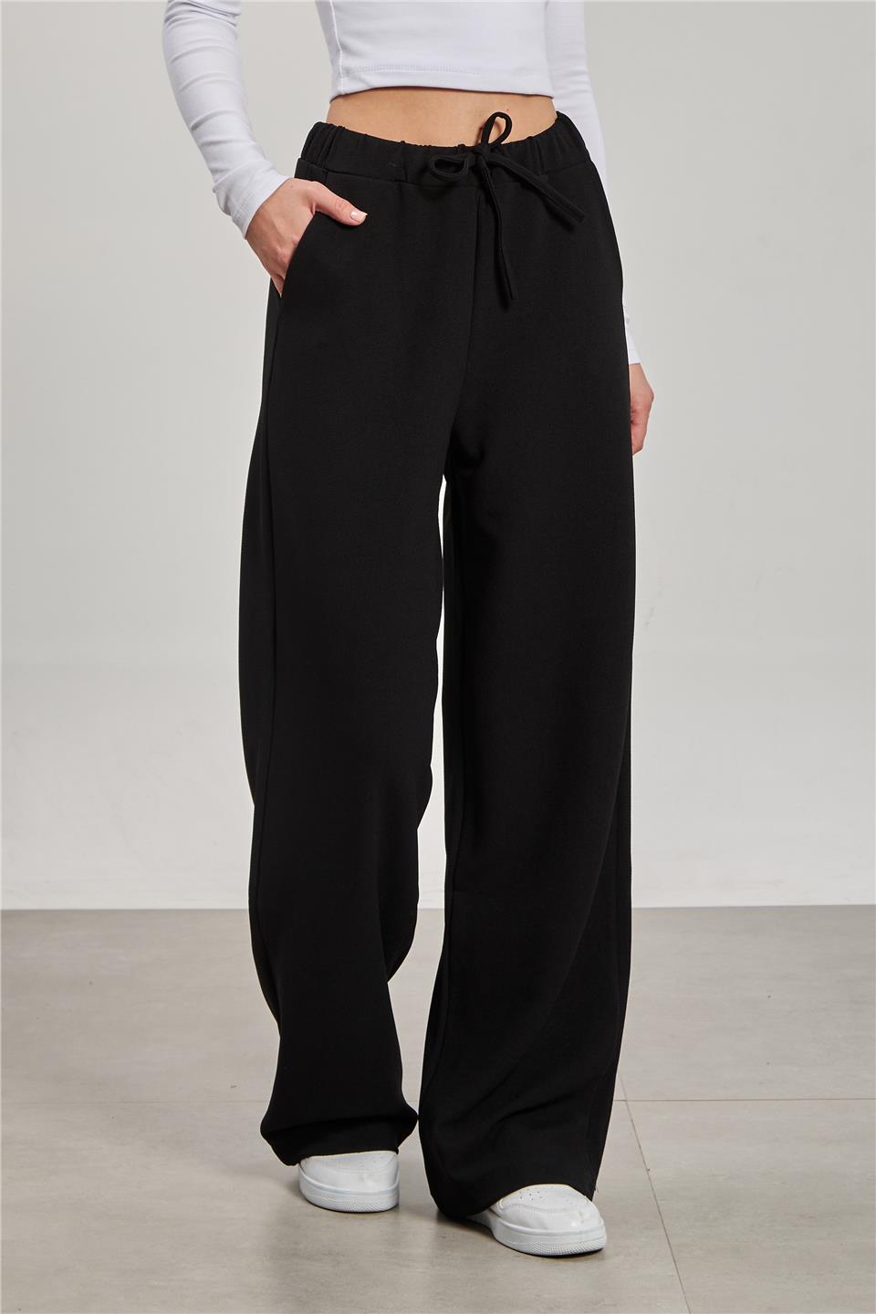 Kadın Beli İpli Bol Paça Pantolon - Siyah