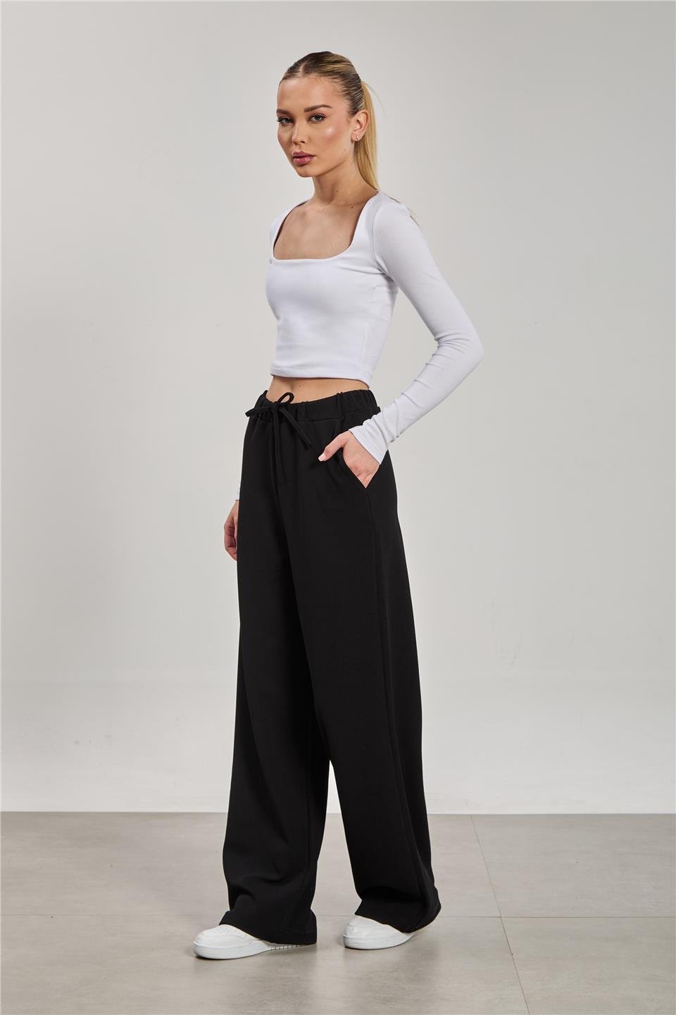 Kadın Beli İpli Bol Paça Pantolon - Siyah