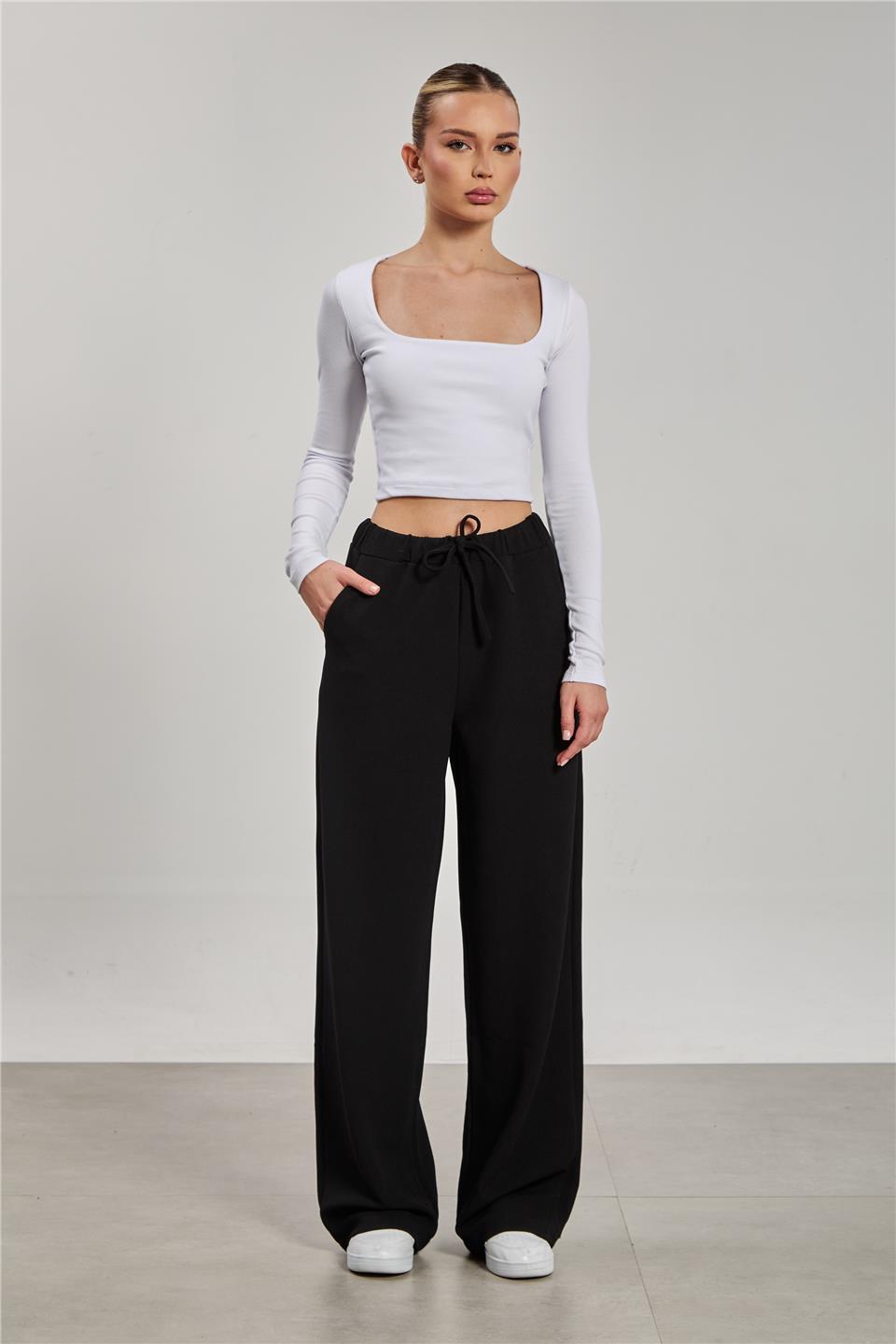 Kadın Beli İpli Bol Paça Pantolon - Siyah