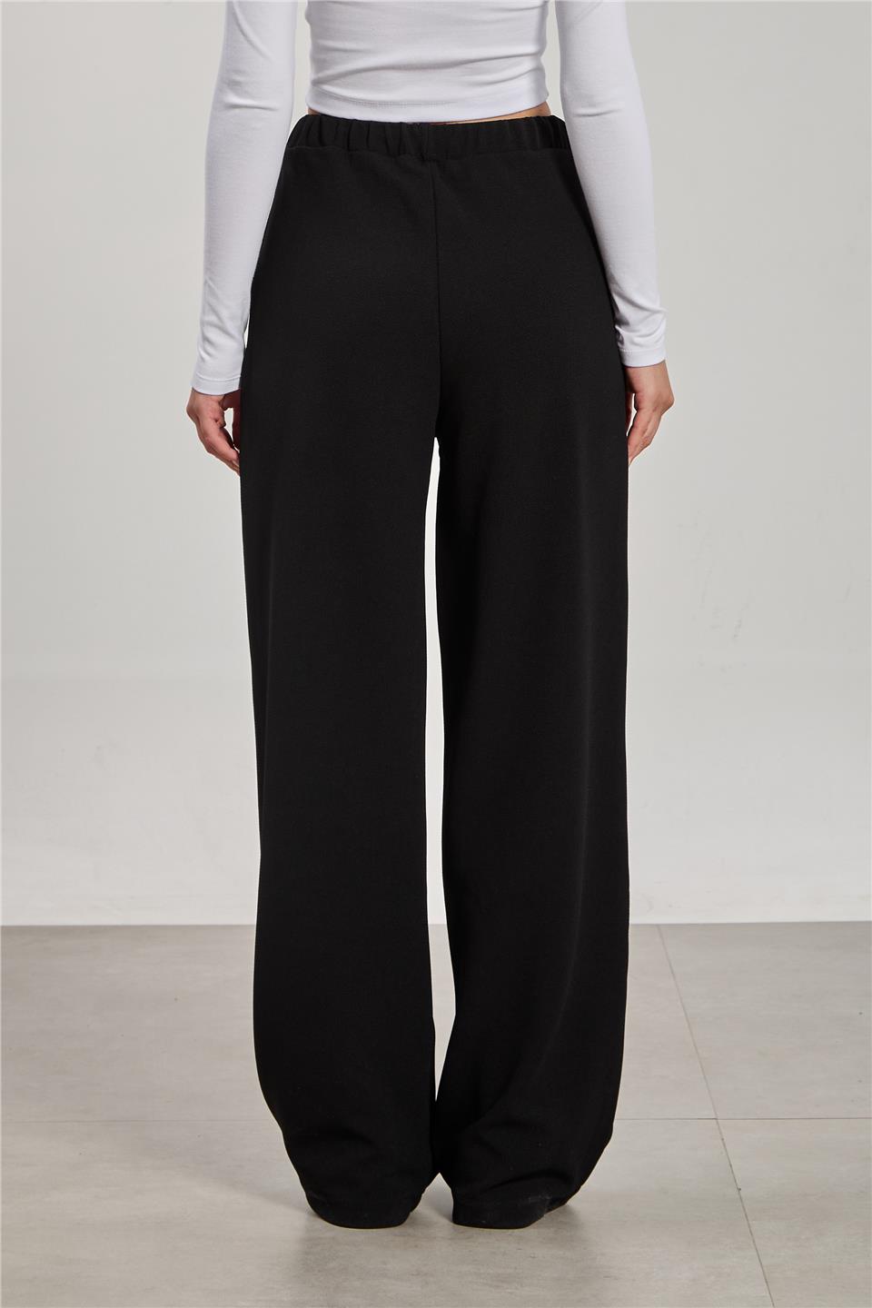 Kadın Beli İpli Bol Paça Pantolon - Siyah