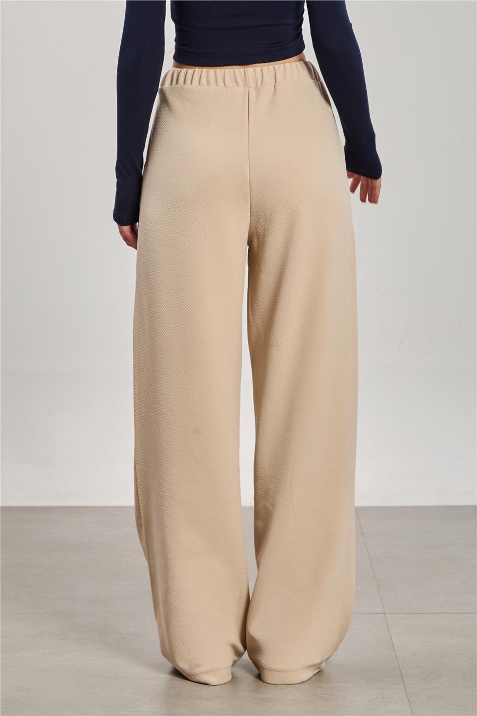 Kadın Beli İpli Bol Paça Pantolon - Taş Rengi